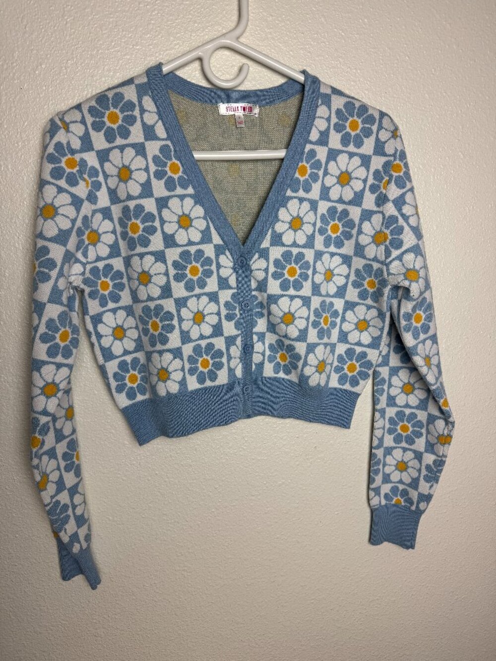 Stella Tweed Girl's Cardigan Buttons Floral Light Blue & White Cropped Size L